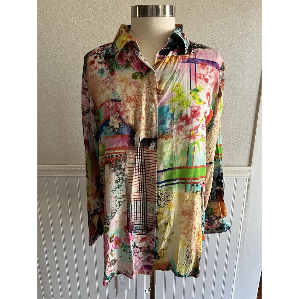 Women's Long Sleeve Collared Button Up Collage Watercolor Floral Multicolor L